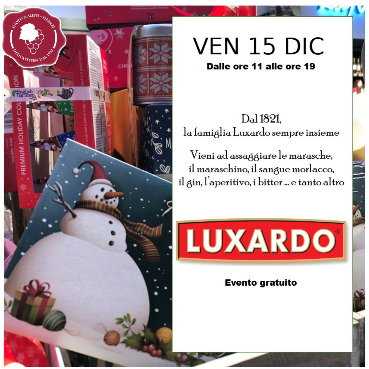Un grande classico del bere italiano è il protagonista di #AvventoAlessi di oggi.
Dalle 11 alle 19 in compagnia di Luxardo
enotecaalessi.it/pannello-calen…