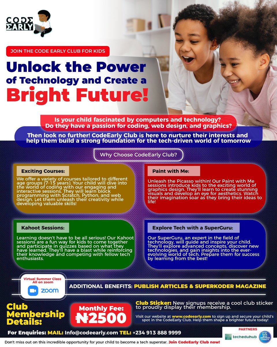 code_early's tweet image. It is another good day and time to register your kids with the CodeEarly Club. Unlock the power of Technology and create a Bright Future
Registration link: codeearly.com/accounts/regis…