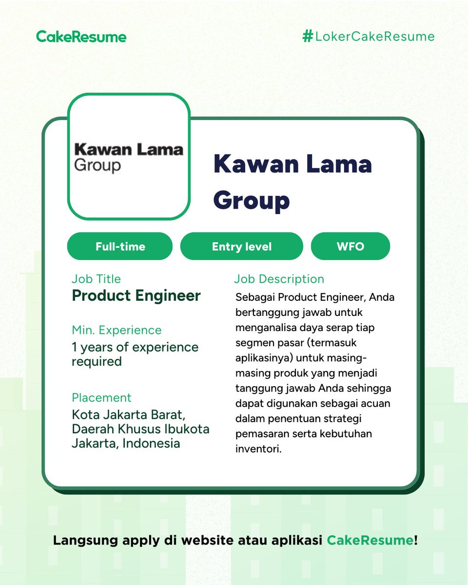 #InfoLoker 📣 Kawan Lama Group

Product Engineer
Lamar di: cakeresume.me/iIMEm 

#lokerjakarta #lokerwfh #lokertech #lokercot #lokerupdate #LokerPam #MagangPam #productengineer #lokerit #lokerengineer #loker #hiring #jobseekers #jobsearch #careerdevelopment #lokertangerang