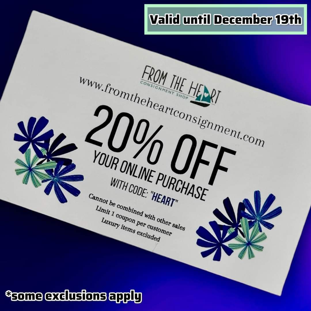 FTH_Consignment's tweet image. Still time to shop online &amp;amp; SAVE!!

fromtheheartconsignment.com

Use the code “HEART” &amp;amp; receive 20% off your online purchase through Dec. 19th.

Cannot be combined with other sales
Limit one coupon per customer
Some exclusions apply

#budgetfriendlyfashion #consignmentatitsbest