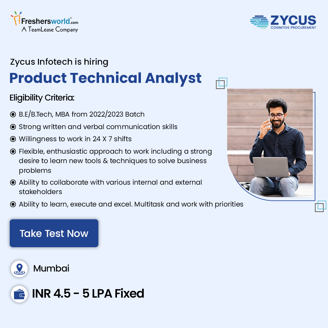 Zycus Infotech is hiring for the role of Product Technical Analyst
Take Test Now: fwld.in/ceat/ProductTe…

Follow Freshersworld.com for the latest job updates

#analystjobs #productanalyst #mumbaijobs #maharashtrajobs #btechjobs #mbajobs #2022batch #2023batch