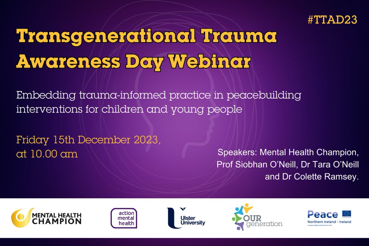 Today is Transgenerational Trauma Awareness Day! If you haven't registered for our FREE webinar, don't worry, you can still join us online at 10am. Click the link below to access 👇 bit.ly/TTAD2023Webinar Passcode: 01954937 @MHC_NI #TTAD23💜💛