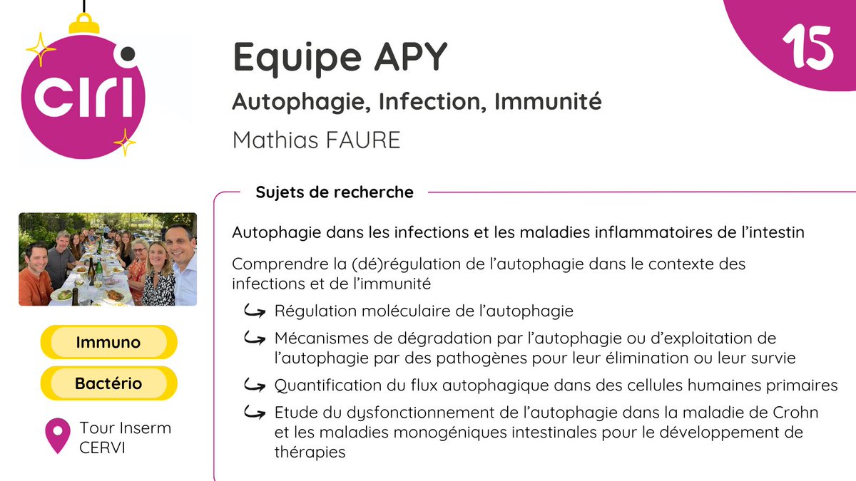 CIRI Lyon (@ciri_lyon) on Twitter photo <a href="/HepvirTeam/">HepVir Team</a> <a href="/TEVteam/">REVE Team</a> <a href="/brankahorvat88/">Branka HORVAT</a> <a href="/CInflammasome/">CIRInflammasome</a> 🎆15/24.
C'est l'équipe APY (Autophagie, Infection, Immunité) que nous vous présentons aujourd'hui, dans le cadre du Calendrier de présentation du CIRI.
Pour en savoir plus :
sur le site du CIRI ➡ ciri.ens-lyon.fr/teams/APY
sur X ➡ <a href="/A2iSlab/">Mathias Faure Lab - APY - Autophagy IBD infection</a> <a href="/HepvirTeam/">HepVir Team</a> <a href="/TEVteam/">REVE Team</a> <a href="/brankahorvat88/">Branka HORVAT</a> <a href="/CInflammasome/">CIRInflammasome</a> 🎆15/24.
C'est l'équipe APY (Autophagie, Infection, Immunité) que nous vous présentons aujourd'hui, dans le cadre du Calendrier de présentation du CIRI.
Pour en savoir plus :
sur le site du CIRI ➡ ciri.ens-lyon.fr/teams/APY
sur X ➡ <a href="/A2iSlab/">Mathias Faure Lab - APY - Autophagy IBD infection</a>