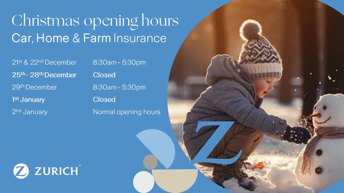 Season's greetings from Zurich Ireland! Please note our General Insurance business office hours over the holiday period. We hope you enjoy the festive season! 💙 Out-of-hours emergency contact details can be found here - spkl.io/60104swIk