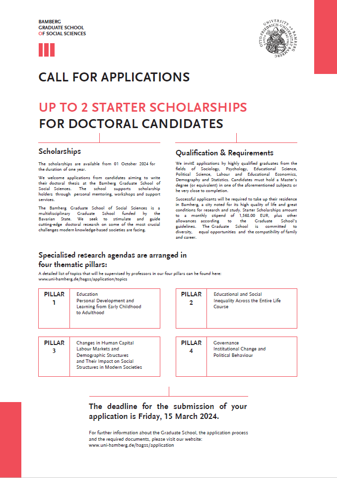 [New Call for Applications]    

The application portal is now open for 2 Starter Scholarships for Doctoral Candidates!

Deadline for applications: 15 March 2024.
Scholarships are available from: 1 October 2024.