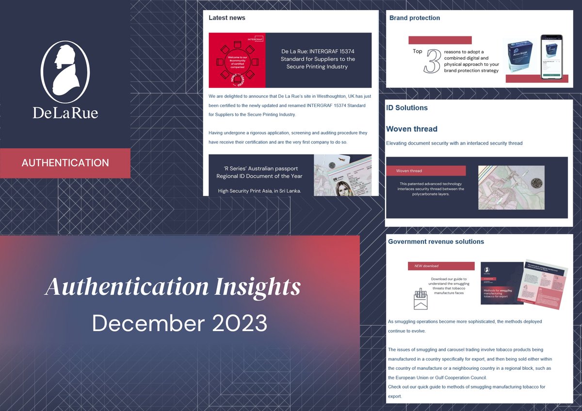 We are pleased to announce the release of the sixth #edition of De La Rue’s Authentication Insights #bulletin! We look forward to sharing more updates soon! 📰 Sign up for future insights and updates - hubs.ly/Q02d3Q5d0 #DeLaRue #brandprotection #insights #security