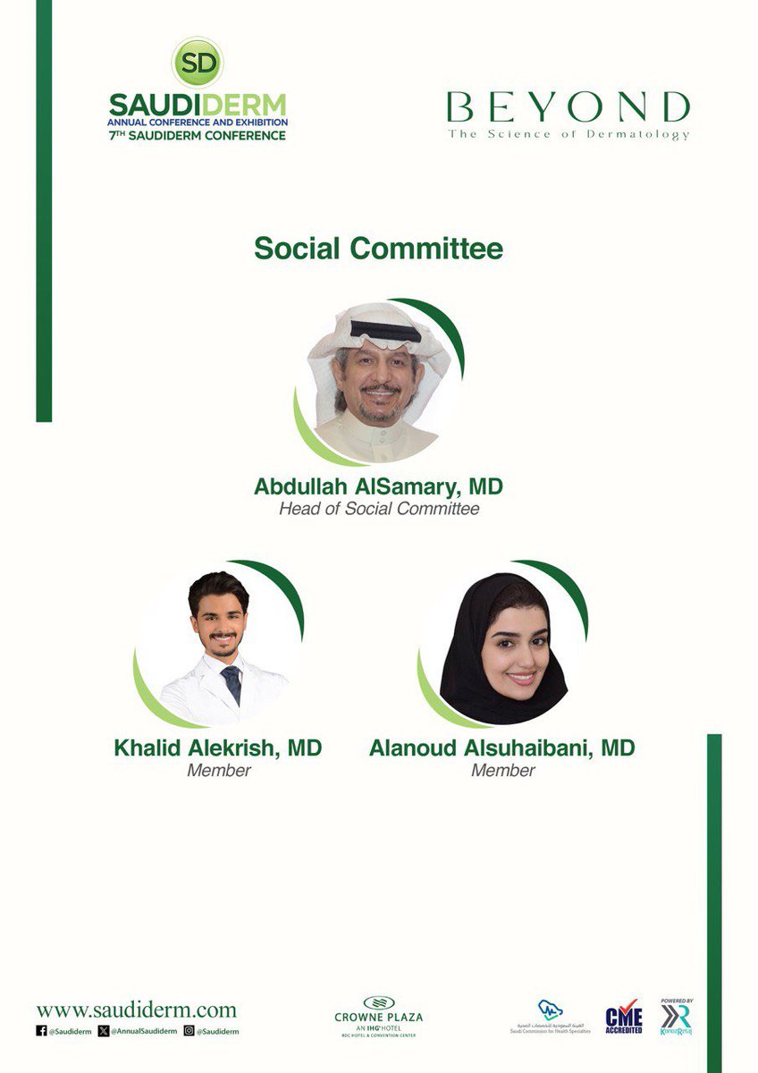 SAUDIDERM (@annualsaudiderm) on Twitter photo Meet our Social Committee!
🗓️January 18th workshop, 19-20 conference
📍Crown Plaza RDC, Riyadh SA
Register Now: (Saudiderm.com)
#SaudiDerm24
<a href="/iKhalid_AE/">خالد العكرش</a>
<a href="/Allsuhibani/">العنود السحيباني</a> Meet our Social Committee!
🗓️January 18th workshop, 19-20 conference
📍Crown Plaza RDC, Riyadh SA
Register Now: (Saudiderm.com)
#SaudiDerm24
<a href="/iKhalid_AE/">خالد العكرش</a>
<a href="/Allsuhibani/">العنود السحيباني</a>