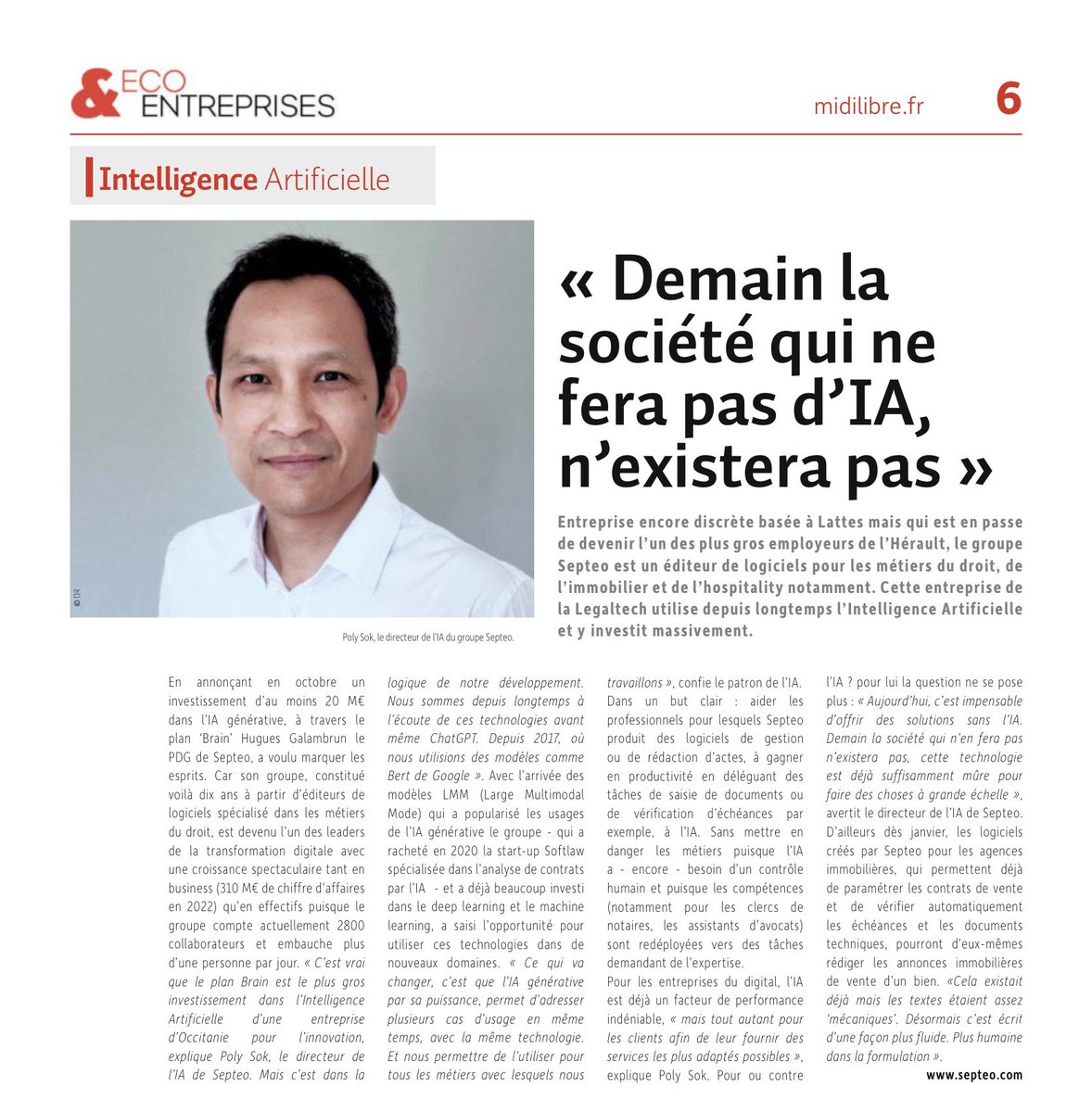 🤖 « Demain la société qui ne fera pas d'#IA, n'existera pas ». Continuez à lire l'article de @Midilibre pour connaître la vision sur les entreprises et sur l'Intelligence Artificielle de Poly SOK, Directeur de l'IA chez Septeo. #Brain #AI #innovation