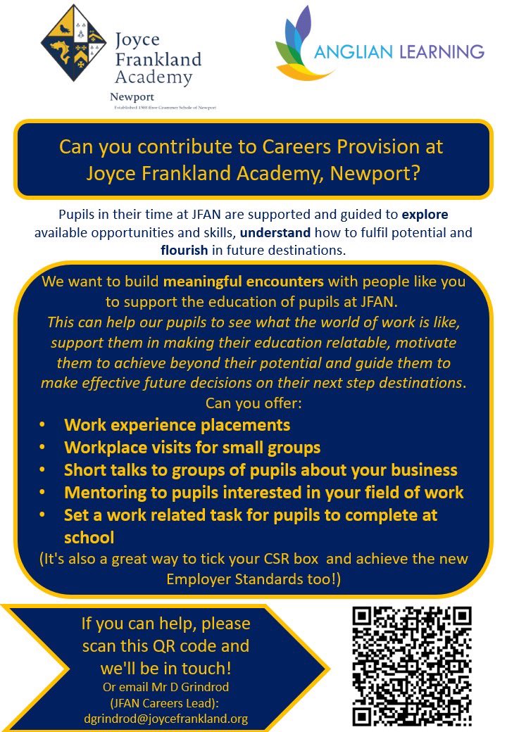 Mr D Grindrod (@mrgrindrod) on Twitter photo Please RT and share:
Can you help @JFANNEWS build our careers provision by offering meaningful encounters or work experience placements? If so please get in touch via the QR code. <a href="/AnglianLearning/">Anglian Learning</a> <a href="/TheCareersNet/">The Careers Network</a> <a href="/form_future/">Form the Future CIC</a> <a href="/CareerEnt/">The Careers & Enterprise Company</a> Please RT and share:
Can you help @JFANNEWS build our careers provision by offering meaningful encounters or work experience placements? If so please get in touch via the QR code. <a href="/AnglianLearning/">Anglian Learning</a> <a href="/TheCareersNet/">The Careers Network</a> <a href="/form_future/">Form the Future CIC</a> <a href="/CareerEnt/">The Careers & Enterprise Company</a>