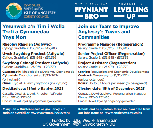 Cyfle am swydd:
Rydym yn hysbysebu 3 rôl gyffrous o fewn y tîm Datblygu Economaidd. Y dyddiad cau ar gyfer ceisiadau yw 18fed Rhagfyr. Am ragor o wybodaeth, dilynwch y manylion isod.
<a href="/cyngormon/">Cyngor Sir Ynys Môn</a>