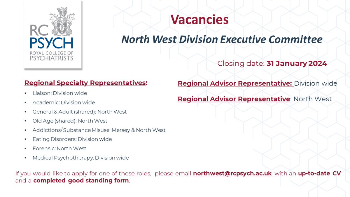 Join our North West Division Executive Committee and help to make a difference in your region. For more information, please visit our website: rcpsych.ac.uk/members/englan…………
<a href="/Nmathew16/">Nishanth Mathew</a>
<a href="/HylandDeclan/">Declan Hyland</a>
<a href="/gemma_buston/">Gemma Buston (she/her)</a>
<a href="/drsegunpopoola/">Olusegun Popoola</a>
<a href="/CarolaGroom/">Carola Groom</a>