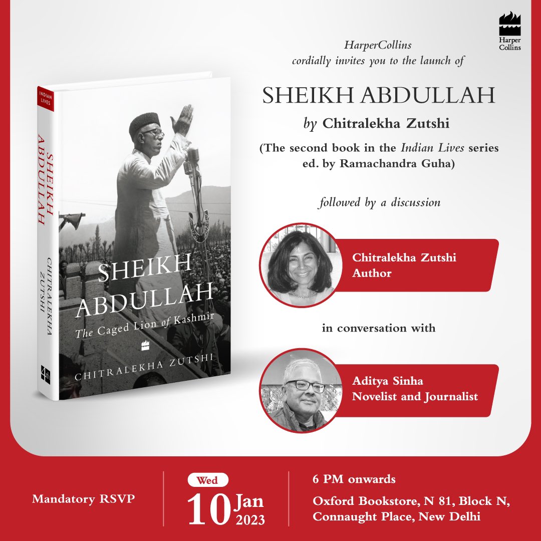 Join us for what promises to be a thought-provoking discussion on #ChitralekhaZutshi's fascinating biography of the lion of Kashmir: #SheikhAbdullah—the second volume in the @Ram_Guha-edited #IndianLives series. The author will be in conversation with @autumnshade (author of…