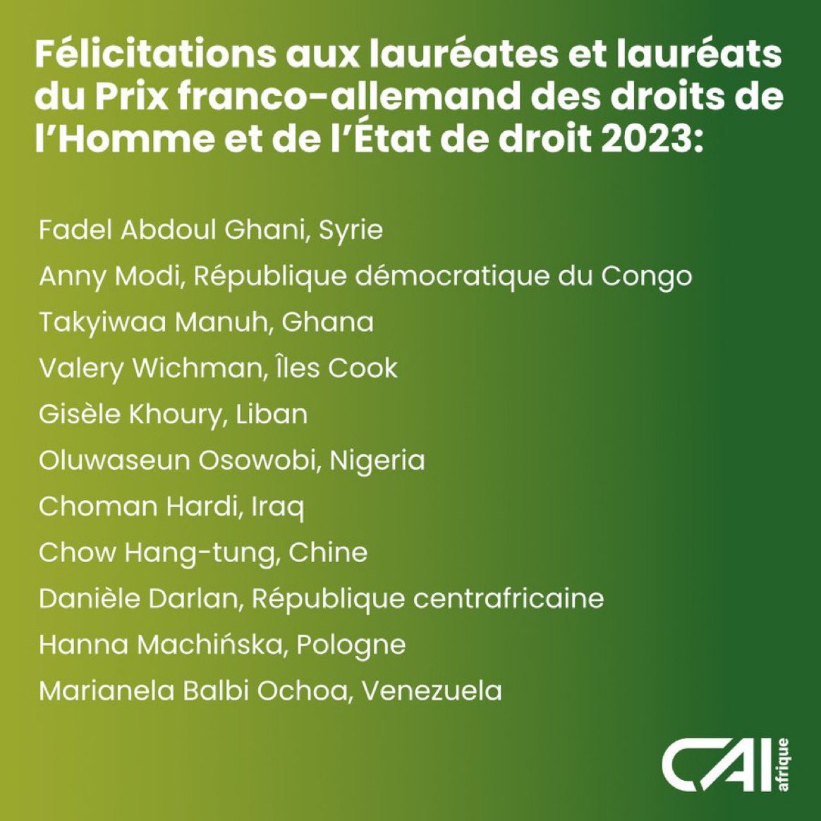 ANNY T. MODI (@annytenga) on Twitter photo Câest une joie,mais surtout un rappel Ă la responsabilitĂ© que nous avons,de porter le combat de nos semblables.
Ravie dâĂȘtre parmi les laurĂ©at.es du prix Franco-Allemande #DroitsHumains & dâEtat des droits2023
<a href="/CAI_Afrique/">Centre Allemand d'Information en Afrique</a> <a href="/unjhro/">UN Human Rights DRC</a> <a href="/francediplo/">France Diplomatie đ«đ·đȘđș</a> <a href="/afiamama/">AFIA MAMA RDC</a> <a href="/rkitsita/">Rachel Kitsita Ndongo</a>
1/2 Câest une joie,mais surtout un rappel Ă la responsabilitĂ© que nous avons,de porter le combat de nos semblables.
Ravie dâĂȘtre parmi les laurĂ©at.es du prix Franco-Allemande #DroitsHumains & dâEtat des droits2023
<a href="/CAI_Afrique/">Centre Allemand d'Information en Afrique</a> <a href="/unjhro/">UN Human Rights DRC</a> <a href="/francediplo/">France Diplomatie đ«đ·đȘđș</a> <a href="/afiamama/">AFIA MAMA RDC</a> <a href="/rkitsita/">Rachel Kitsita Ndongo</a>
1/2