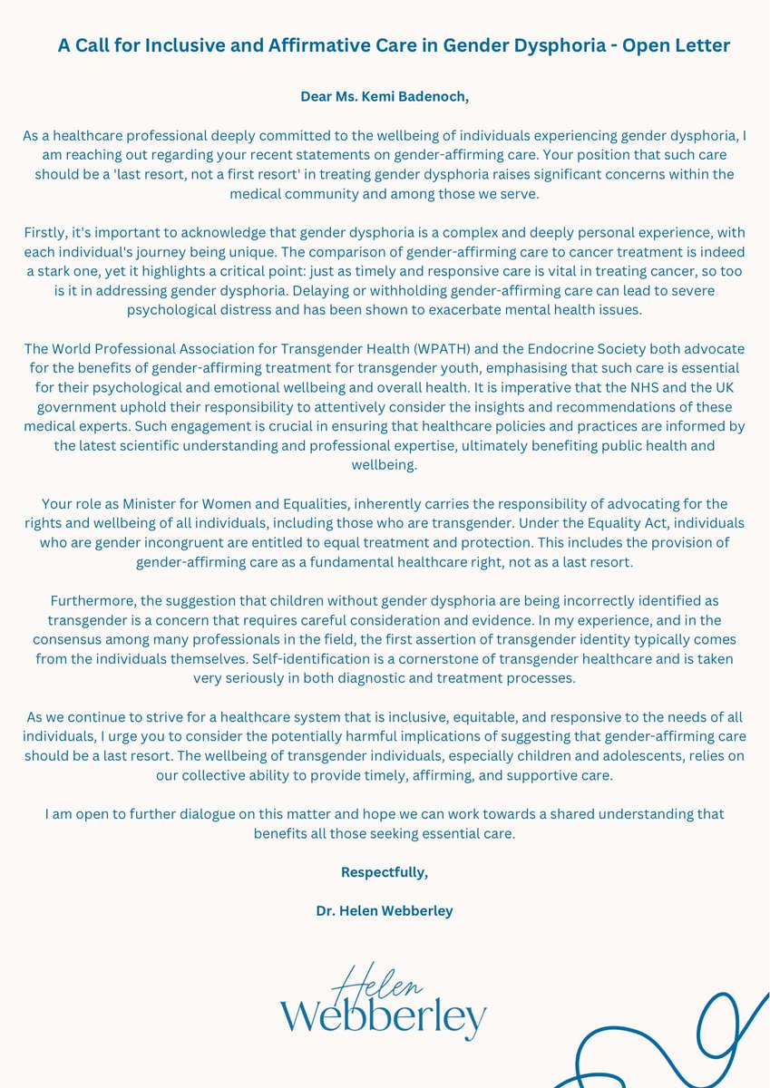 Dear Ms. @KemiBadenoch ✍️… A call for Inclusive and Affirmative Care in Gender Dysphoria - Open Letter ⬇️