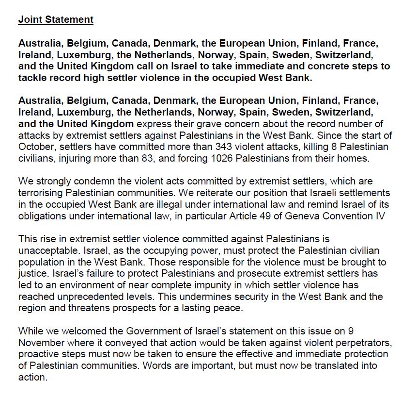 Joint statement: 🇫🇮🇦🇺🇧🇪🇨🇦🇩🇰🇪🇺🇫🇷🇮🇪🇱🇺🇳🇱🇳🇴🇪🇸🇸🇪🇨🇭🇬🇧 call on Israel to take immediate and concrete steps to tackle record high settler violence in the occupied West Bank. Extremist settler violence committed against Palestinians is unacceptable. The violence must stop.