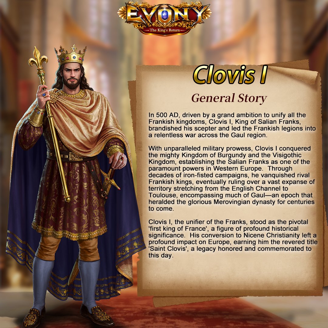 🌐 𝕰𝖕𝖎𝖈 𝕳𝖎𝖘𝖙𝖔𝖗𝖎𝖈 #General Clovis I🌟 Salic Law Reduces enemy ground troops and mounted troops' defense and HP by 15% and increases your in-city ranged troops and siege machines' attack by 35% when General is the Bunker Officer. #Evony