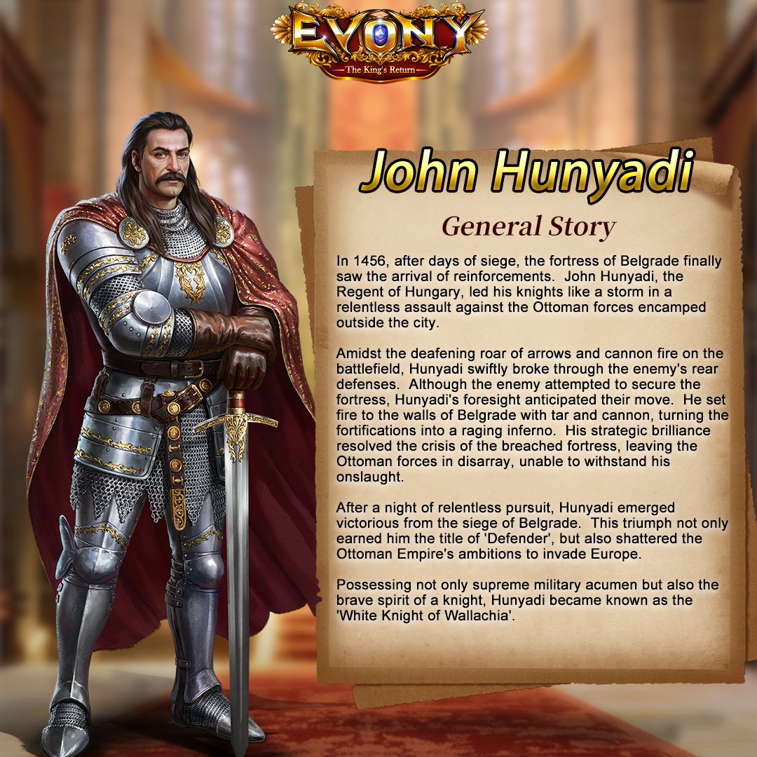 🌐 𝕰𝖕𝖎𝖈 𝕳𝖎𝖘𝖙𝖔𝖗𝖎𝖈 #General John Hunyadi🌟 Regent Governor Increases ranged troops and siege machines' attack by 45% and siege machines' defense and HP by 15% when General is leading the army to attack. #Evony