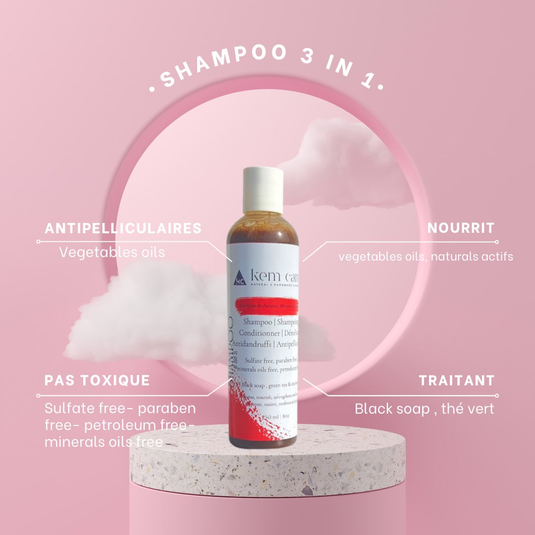 Our 3-in-1 shampoo 🌱( shampoo, conditioner and anti-dandruff) is ideal for taking care of your hair 🤗.

Sulfate-free and paraben-free it is ideal for cleaning, nourishing, strengthening and moisturizing your hair 🤗

#kemcarecmr #naturalproducts #handmade