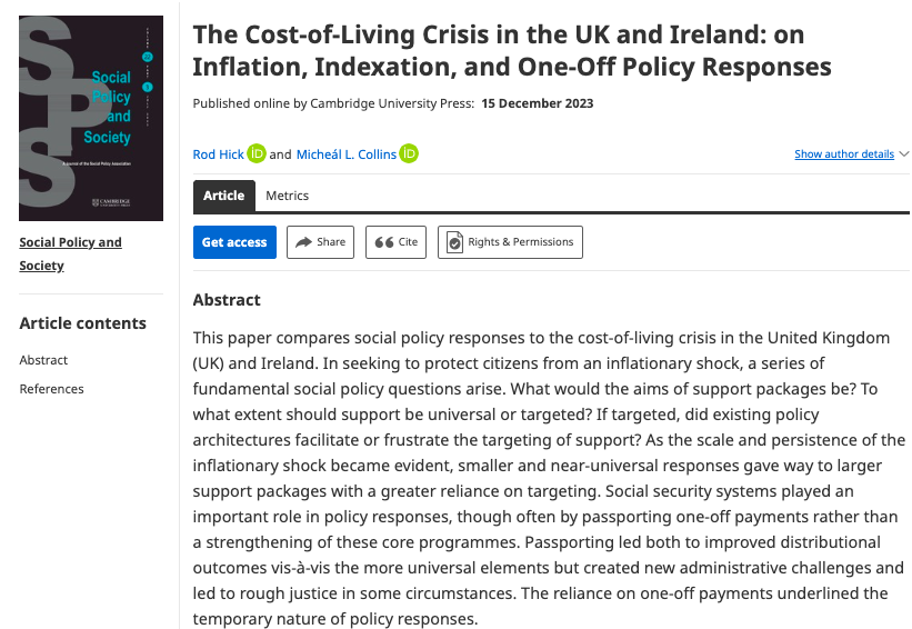 New on #FirstView by Micheál Collins and Rod Hick: The Cost-of-Living Crisis in the UK and Ireland: on Inflation, Indexation, and One-Off Policy Responses cambridge.org/core/journals/…