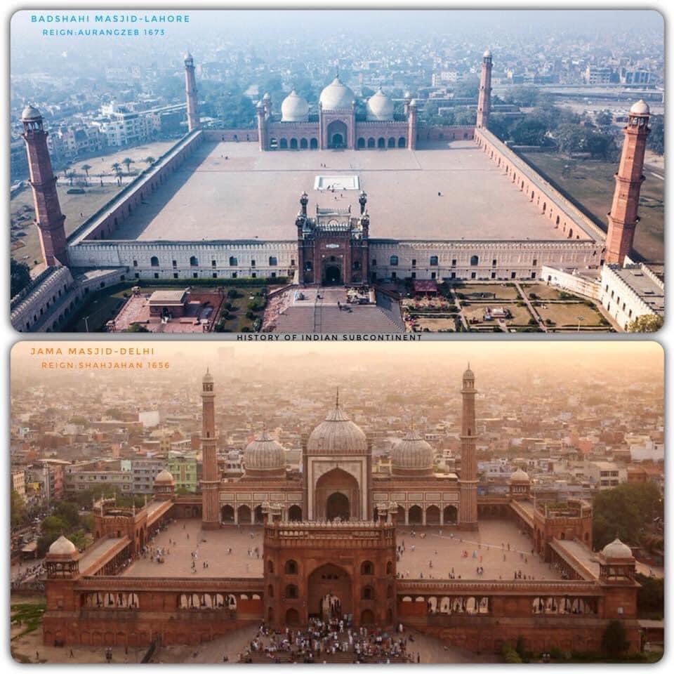 Comparision of two majestic mosques of the Subcontinent. 1. Badshahi Masjid  (Alamgiri Masjid) of Lahore was commissioned by Mughal Emperor Aurangzeb.  The mosque was completed in the year 1673. Badshahi Masjid has, image size:960x960