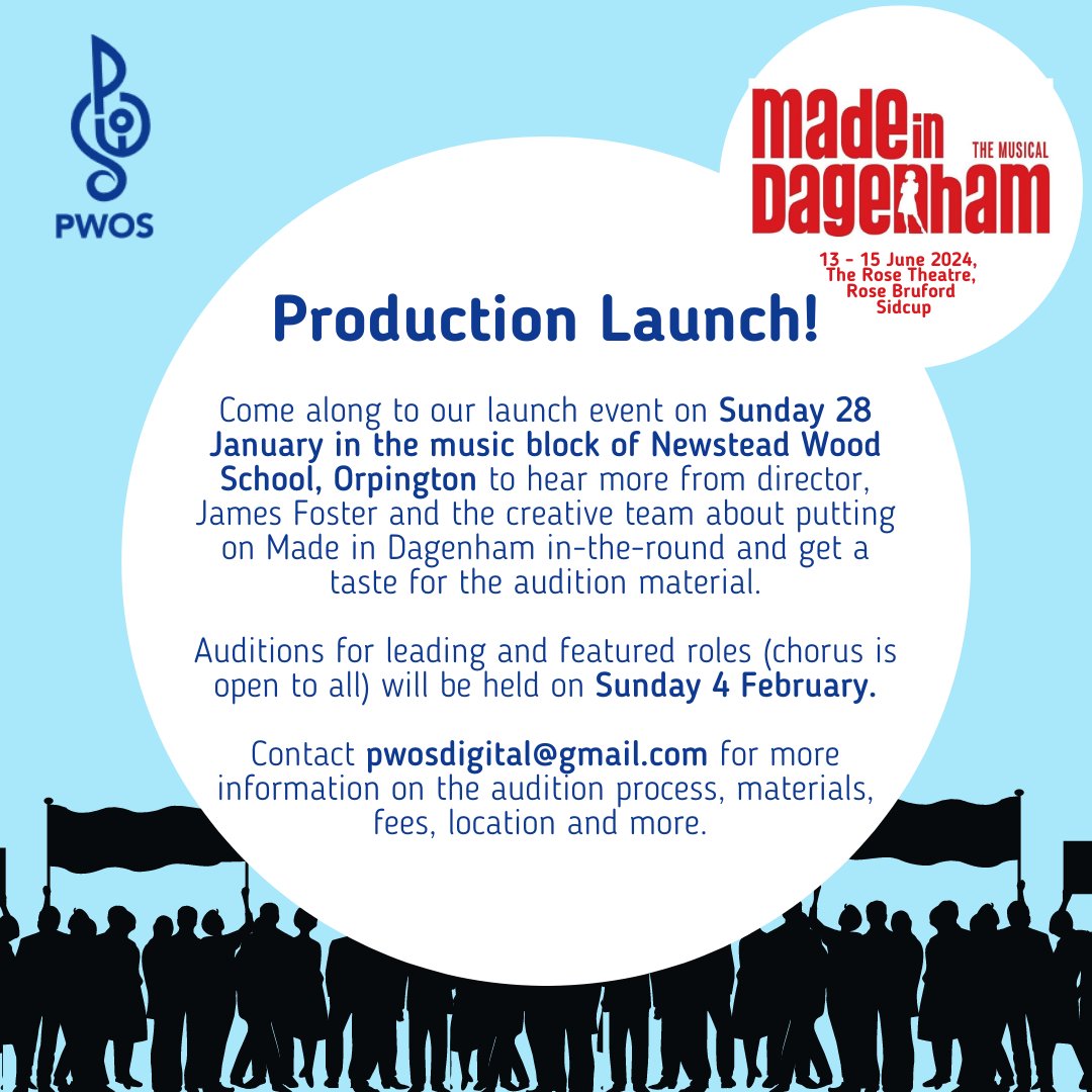We are so excited to launch our next production, Made in Dagenham. Come along to our launch event on Sunday 28 January to hear more about staging this show in the round, and what the audition process will involve! 

Email pwosdigital@gmail.com for more information. 

#AmDram