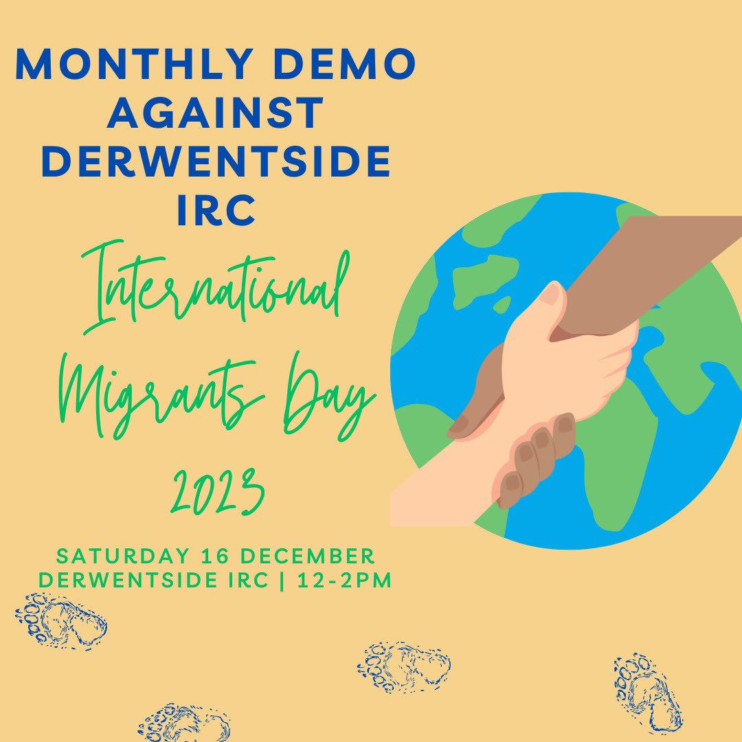 Join us tomorrow, 16th December @ 12pm for our monthly demonstration outside Derwentside IRC!

Together, let's show solidarity with the women who are imprisoned. 
Bring your voices 🎤,🥁 and🪧

Monday 18th is International Migrants Day, so we shall shout #MigrationIsNotACrime ✊