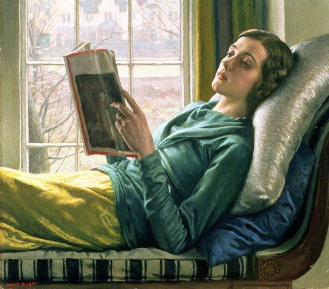 The art critic John Berger once wrote that men in paintings act, women appear: 'Men look at women whereas women watch themselves being looked at.' And so it is with Harold Knight's prosaically titled 'Woman Reading,' from 1932.