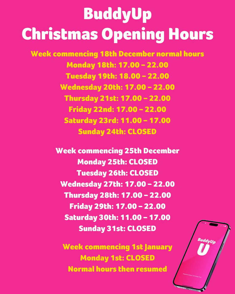 ⏰BuddyUp Christmas Hours⏰

The BuddyUp app will be operating its usual hours on the week commencing 18th December.

It will be offline on Christmas Day, Boxing Day and New Years Day.

Otherwise the app will be operated as normal.

Full hours👇