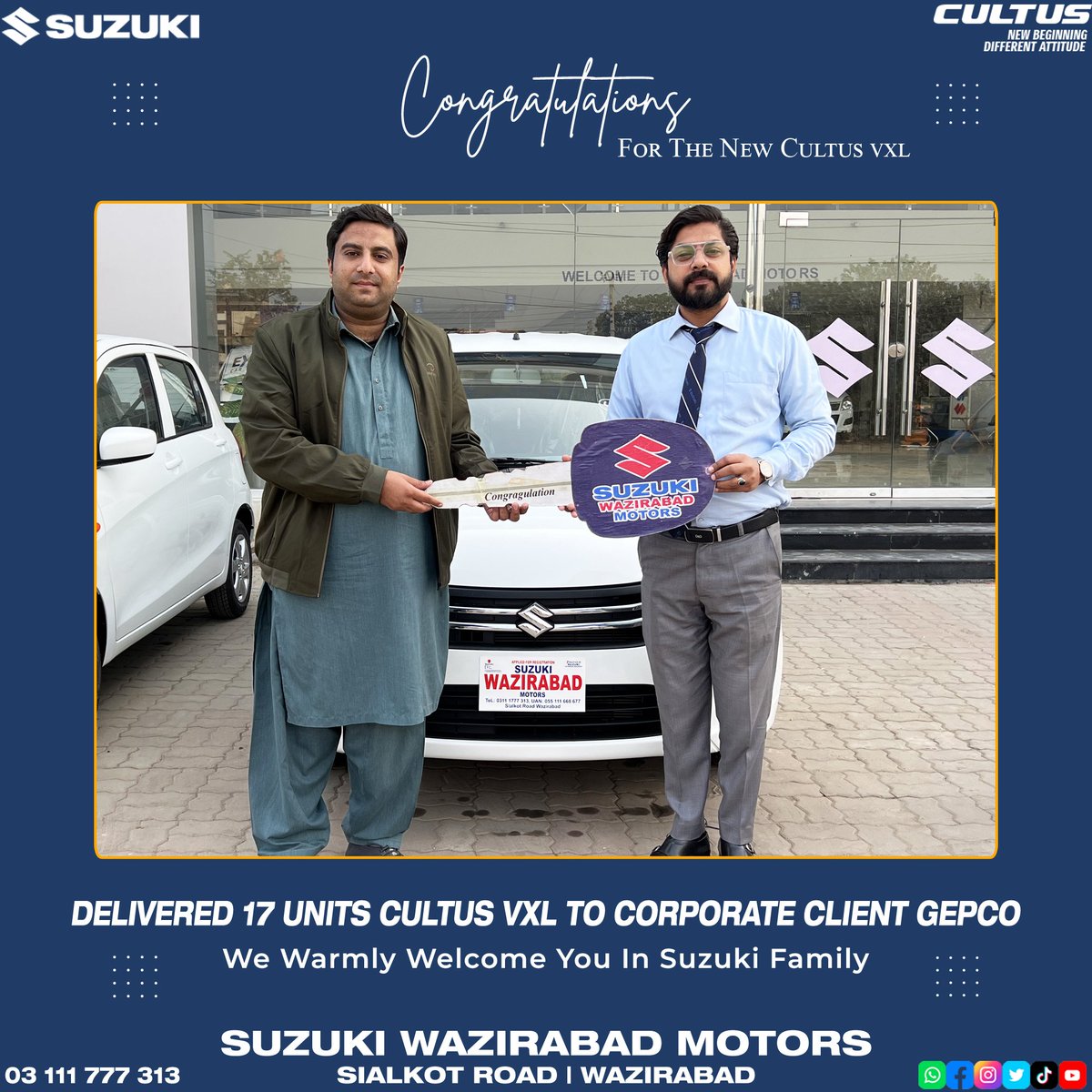 𝟏𝟕 𝐔𝐧𝐢𝐭𝐬 𝐂𝐮𝐥𝐭𝐮𝐬 𝐕𝐗𝐋 𝐃𝐞𝐥𝐢𝐯𝐞𝐫𝐞𝐝 𝐭𝐨 𝐂𝐨𝐫𝐩𝐨𝐫𝐚𝐭𝐞 𝐂𝐥𝐢𝐞𝐧𝐭 𝐆𝐮𝐣𝐫𝐚𝐧𝐰𝐚𝐥𝐚 𝐄𝐥𝐞𝐜𝐭𝐫𝐢𝐜 𝐏𝐨𝐰𝐞𝐫 𝐂𝐨𝐦𝐩𝐚𝐧𝐲. (𝐆𝐄𝐏𝐂𝐎)

𝐒𝐮𝐳𝐮𝐤𝐢 𝐖𝐚𝐳𝐢𝐫𝐚𝐛𝐚𝐝 𝐌𝐨𝐭𝐨𝐫𝐬
#CorporateClient #Suzuki #SuzukiPakistan