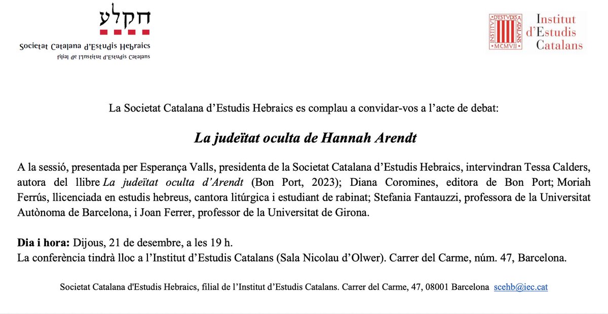 BonPortCat's tweet image. Publiquem i presentem "La judeïtat oculta d'Arendt", de Tessa Calders📘
Dijous 21 a les 7, amb els professors Joan Ferrer i Stefania Fantauzzi, Moriah Ferrús i l'autora, la professora Tessa Calders🎙️Presenta @espevalls, presidenta de la Societat Catalana d'Estudis Hebraics 👇