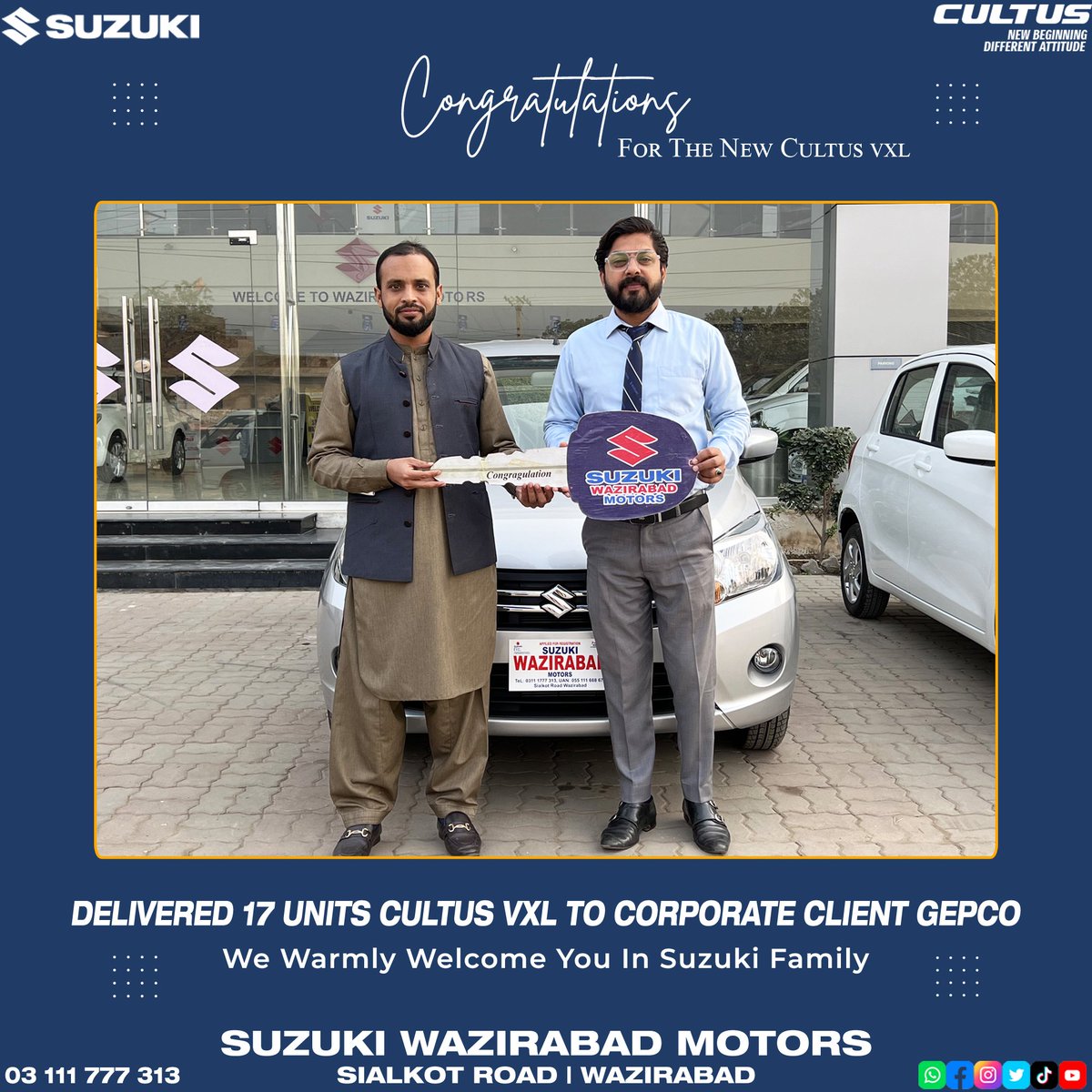 𝟏𝟕 𝐔𝐧𝐢𝐭𝐬 𝐂𝐮𝐥𝐭𝐮𝐬 𝐕𝐗𝐋 𝐃𝐞𝐥𝐢𝐯𝐞𝐫𝐞𝐝 𝐭𝐨 𝐂𝐨𝐫𝐩𝐨𝐫𝐚𝐭𝐞 𝐂𝐥𝐢𝐞𝐧𝐭 𝐆𝐮𝐣𝐫𝐚𝐧𝐰𝐚𝐥𝐚 𝐄𝐥𝐞𝐜𝐭𝐫𝐢𝐜 𝐏𝐨𝐰𝐞𝐫 𝐂𝐨𝐦𝐩𝐚𝐧𝐲. (𝐆𝐄𝐏𝐂𝐎)

𝐒𝐮𝐳𝐮𝐤𝐢 𝐖𝐚𝐳𝐢𝐫𝐚𝐛𝐚𝐝 𝐌𝐨𝐭𝐨𝐫𝐬
#CorporateClient #Suzuki #SuzukiPakistan