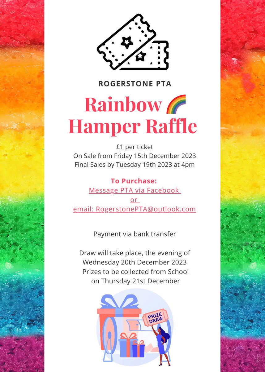 ❗️RAINBOW HAMPER RAFFLE SALES ARE LIVE ❗️ Please see the poster below for information on how to request tickets. Ticket sales will end the evening of Tuesday 19th December. EDIT - Raffle will be drawn in school Wednesday aftwenoon, GOOD LUCK 🤞🏼 x