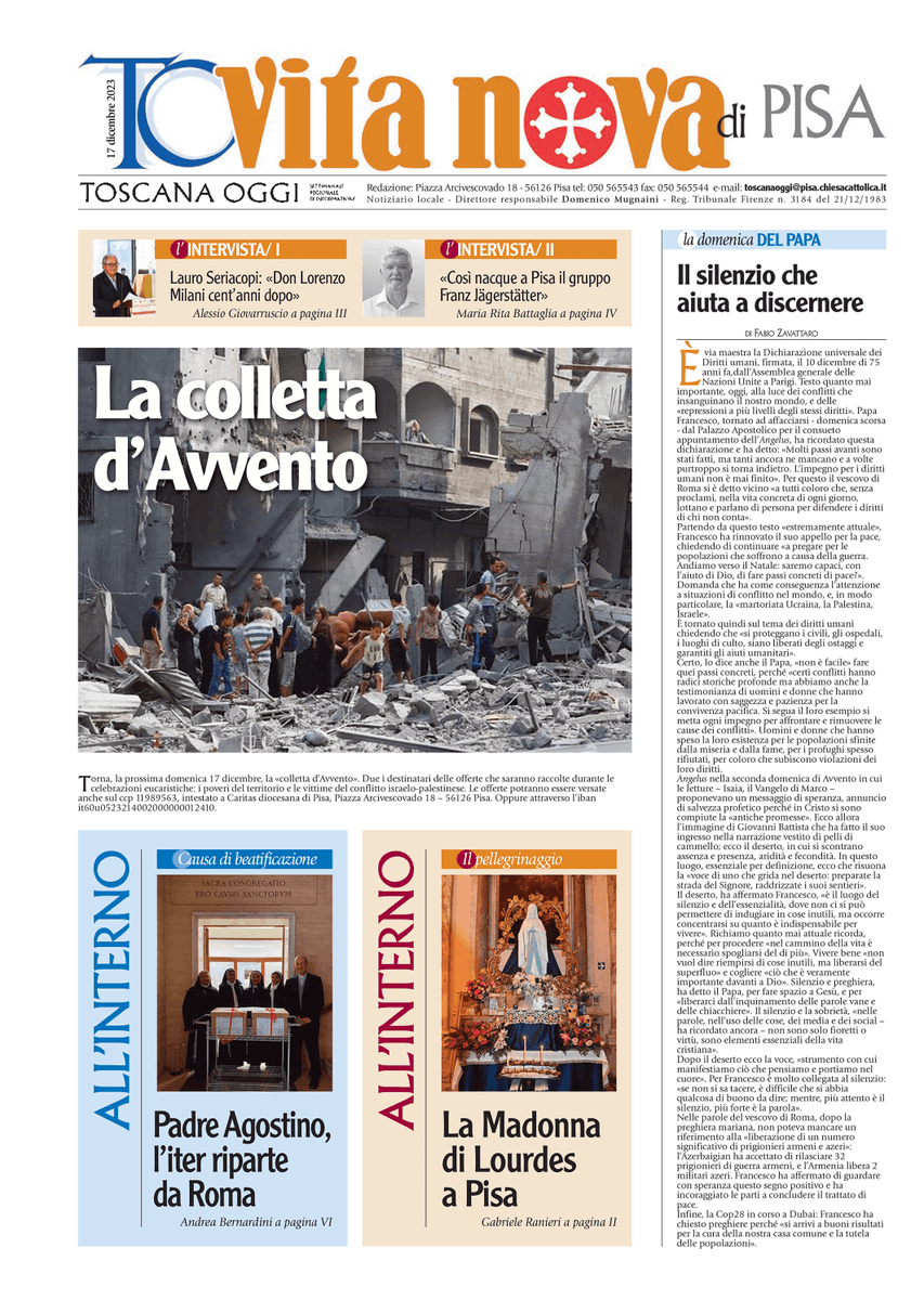 È in distribuzione il numero di <a href="/Toscanaoggi/">Toscanaoggi</a> #VitaNova datato domenica 17 dicembre. Ecco la #primapagina del dorso dell'#ArcidiocesidiPisa.
📰🏡 Per ricevere ogni settimana a casa il settimanale informati sulle offerte di abbonamento 2024: 050.565543-055.2776634.