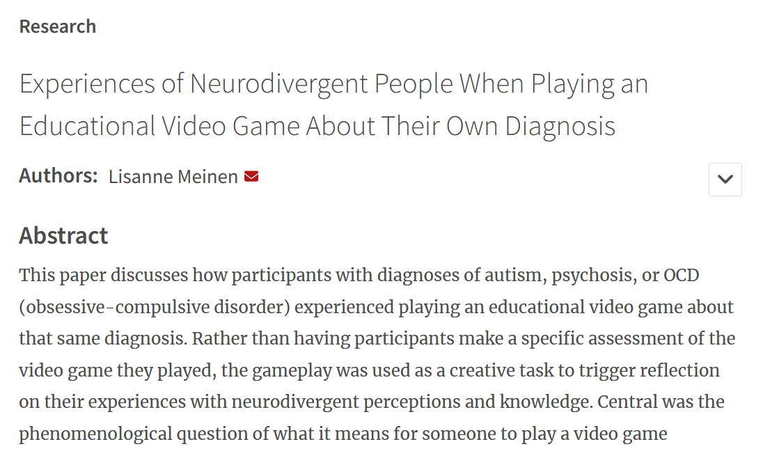 New, by <a href="/lisannemeinen/">Lisanne Meinen</a>! 🎮

Meinen, Lisanne. 2023. “Experiences of #Neurodivergent People When Playing an Educational Video Game About Their Own Diagnosis.” SJDR 25(1): 320–333. DOI: doi.org/10.16993/sjdr.…

#OpenAccess