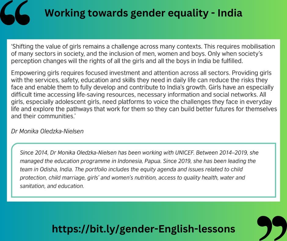 'Shifting the value of girls remains a challenge across many contexts' according to Dr Monika Oledzka-Nielsen, who works for UNICEF. English language teachers can (& should) help to overcome this challenge. See how you can do your part at bit.ly/gender-English… @TeachingEnglish