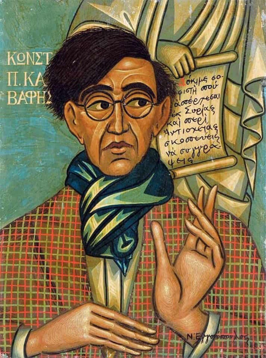 Portrait of Cavafy by Nikos Engonopoulos (1907-1985), tempera on wood, 1948. The lines on the scroll are from the poem “Sophist Leaving Syria”: “Eminent sophist, now that you are leaving Syria with plans to write a book about Antioch.” #cavafy #poetry