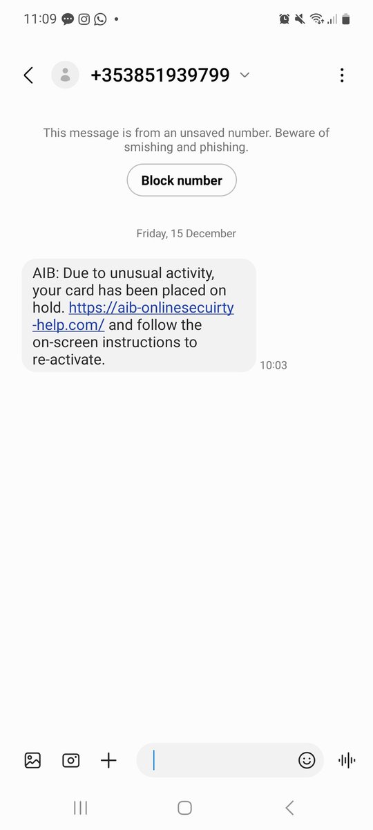 rmck's tweet photo. @AIBIreland I received the following message today. Can you confirm whether this is spam? I suspect so, bit don't want to be caught with a blocked card at this time of year! https://t.co/rU1TnH2td3
