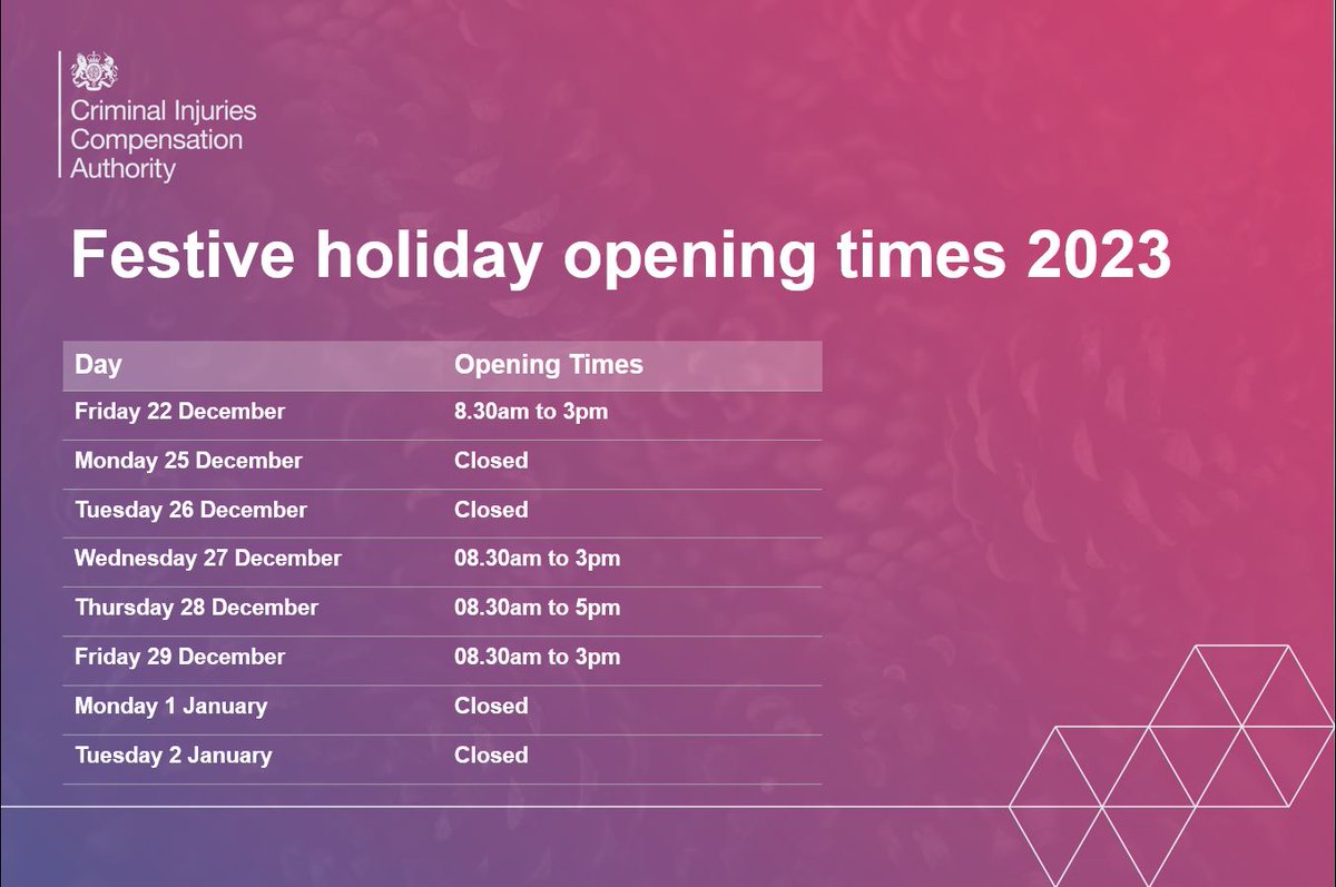If you need to contact CICA over the festive season, the opening hours for our telephone service can be found at gov.uk/government/new…. 

You can still apply online throughout this time: gov.uk/claim-compensa…