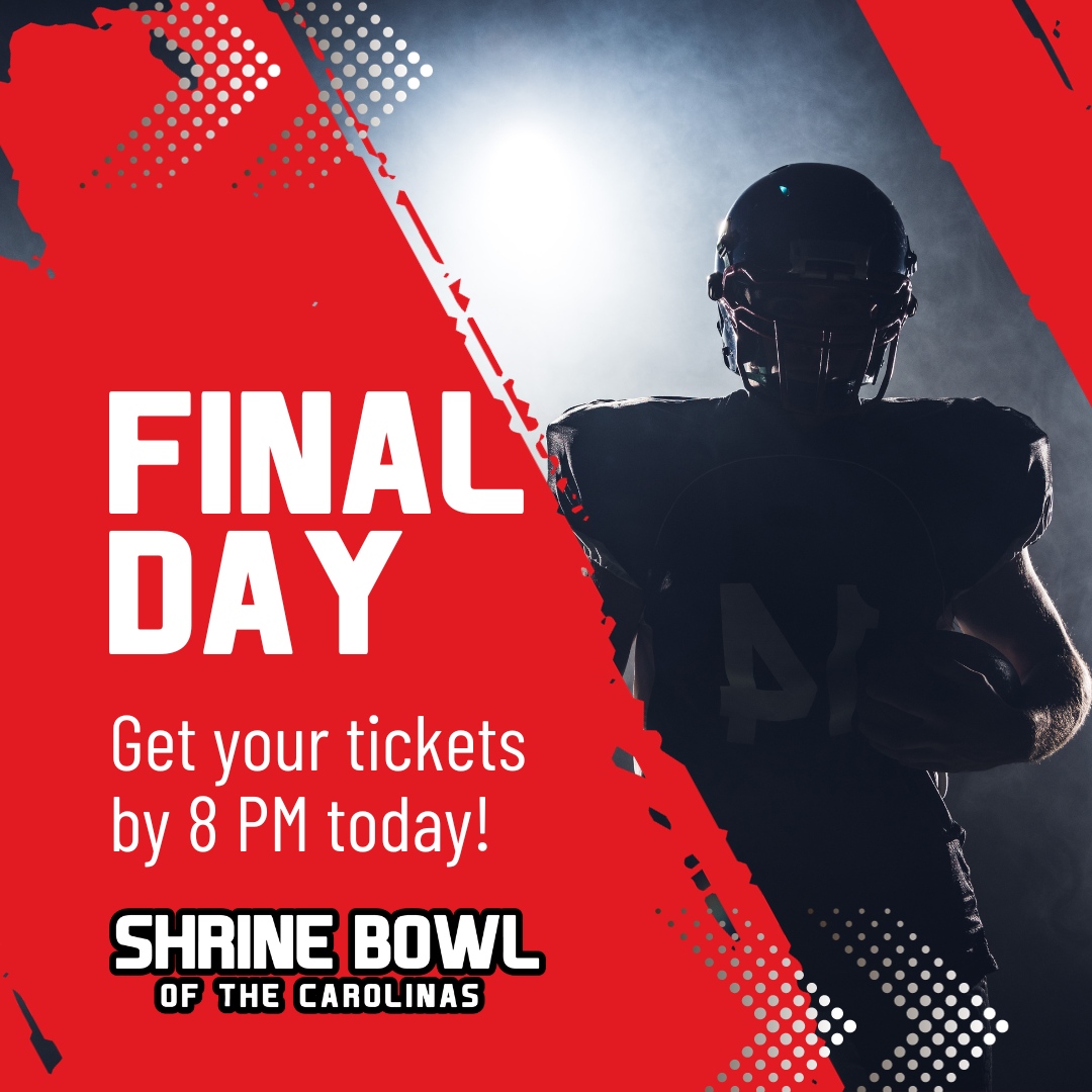 If you haven't done it yet, you are still on time! Ticket sales close at 8 pm tonight. 🌐 shrinebowlcarolinas.ticketleap.com 📍SPARTANBURG HIGH SCHOOL VIKING STADIUM 🗓️ Dec. 16th, 2023 #ShrineBowlOfTheCarolinas #ShrineBowl #NC #SC