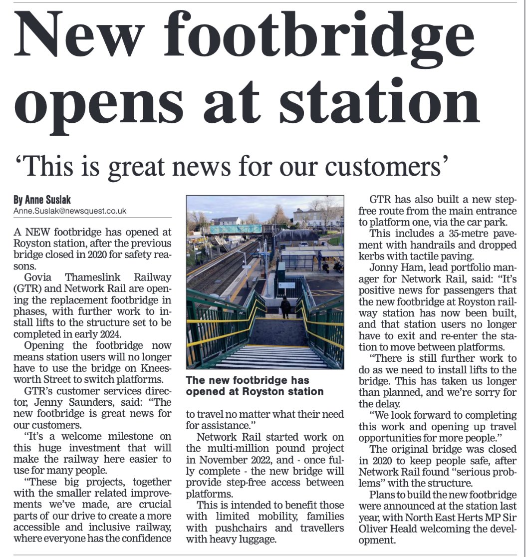 Good to see @roystoncrow featuring the successful conclusion to the saga of Royston station’s footbridge, with @networkrail finishing the work to connect the platforms once more!