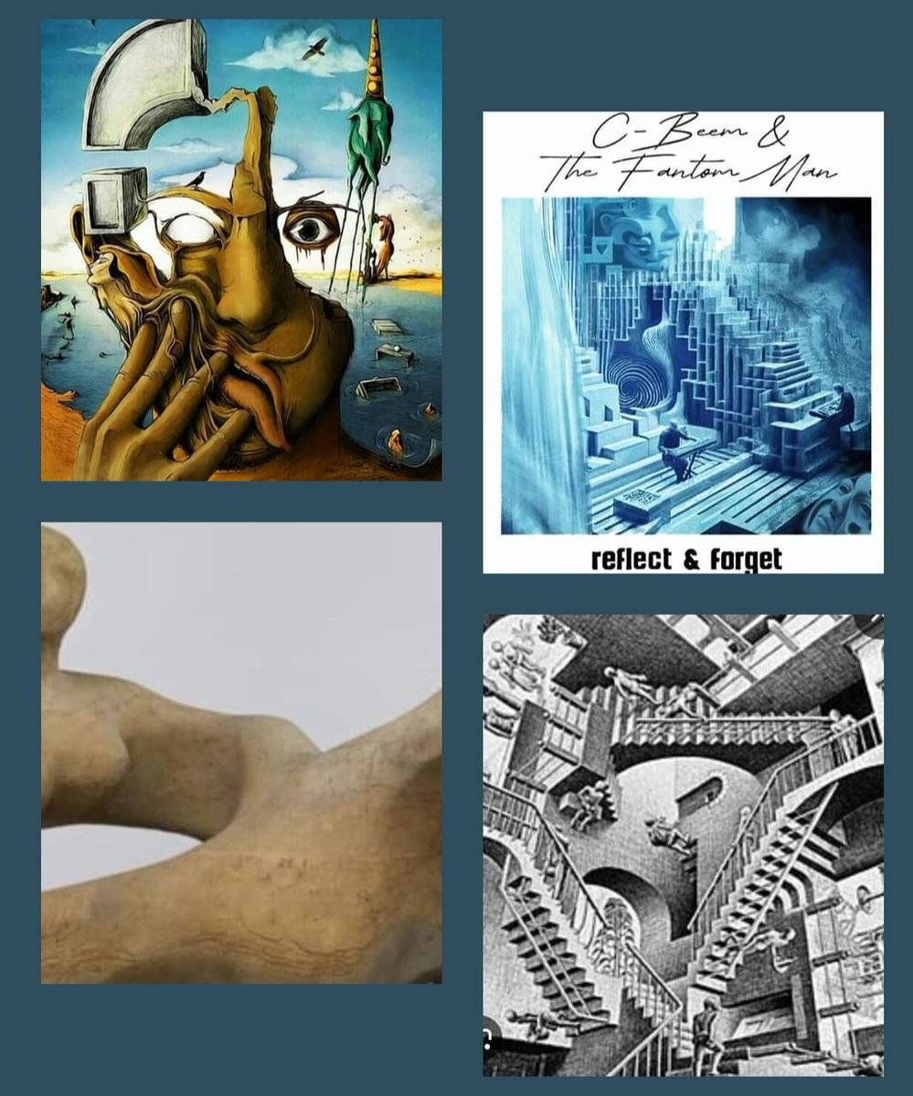 Out tomorrow Sat 16th ... REFLECT AND FORGET by C-Beem and The Fantom Man. Here are the influences I referred to for the cover art ... Salvador Dali, Escher and Henry Moore. Link coming tomorrow. 😁