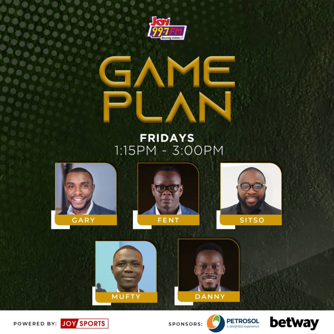 Friday is here again, and we can't wait to bring you #GamePlan on <a href="/Joy997FM/">Joy 99.7 FM</a> at 1:15 pm.

Join <a href="/Fentuo_/">Fentuo Tahiru Fentuo</a>, <a href="/garyalsmith/">Gary Al-Smith</a>, <a href="/OfficialSitso/">SITSO</a>, <a href="/Muftawu_Nabila/">Muftawu Nabila Abdulai</a>, and <a href="/Dani77k/">Mr. Daniel Koranteng</a> to put perspective on all that happened within the week.

#JoySports