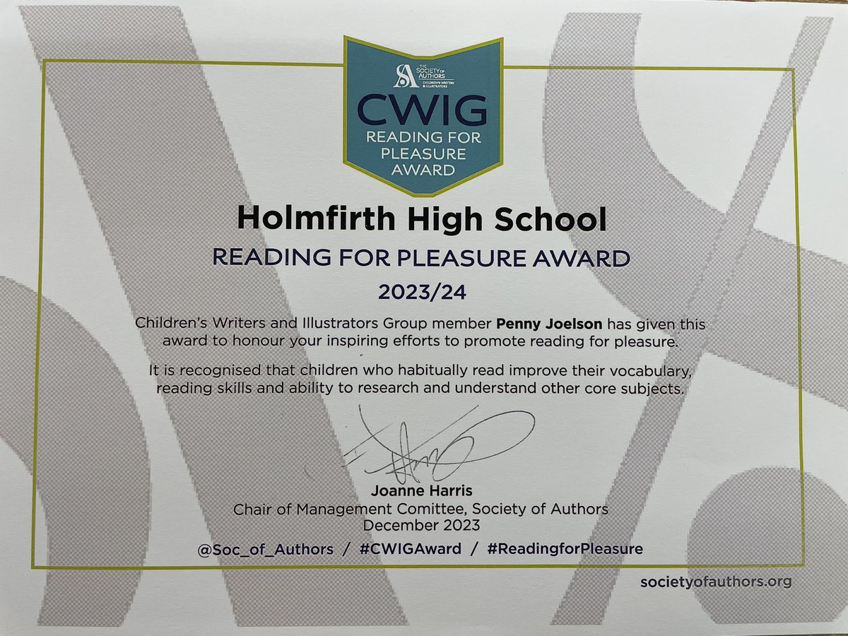 Holmfirth High School Reads (@hhs_reading) on Twitter photo Beyond proud to receive the ‘Reading for Pleasure’ award from <a href="/Soc_of_Authors/">The Society of Authors</a> and <a href="/pennyjoelson/">Penny Joelson</a>
Thank you so much for your recognition of everything we do in school to promote reading😊📚
#ReadingForPleasure Beyond proud to receive the ‘Reading for Pleasure’ award from <a href="/Soc_of_Authors/">The Society of Authors</a> and <a href="/pennyjoelson/">Penny Joelson</a>
Thank you so much for your recognition of everything we do in school to promote reading😊📚
#ReadingForPleasure