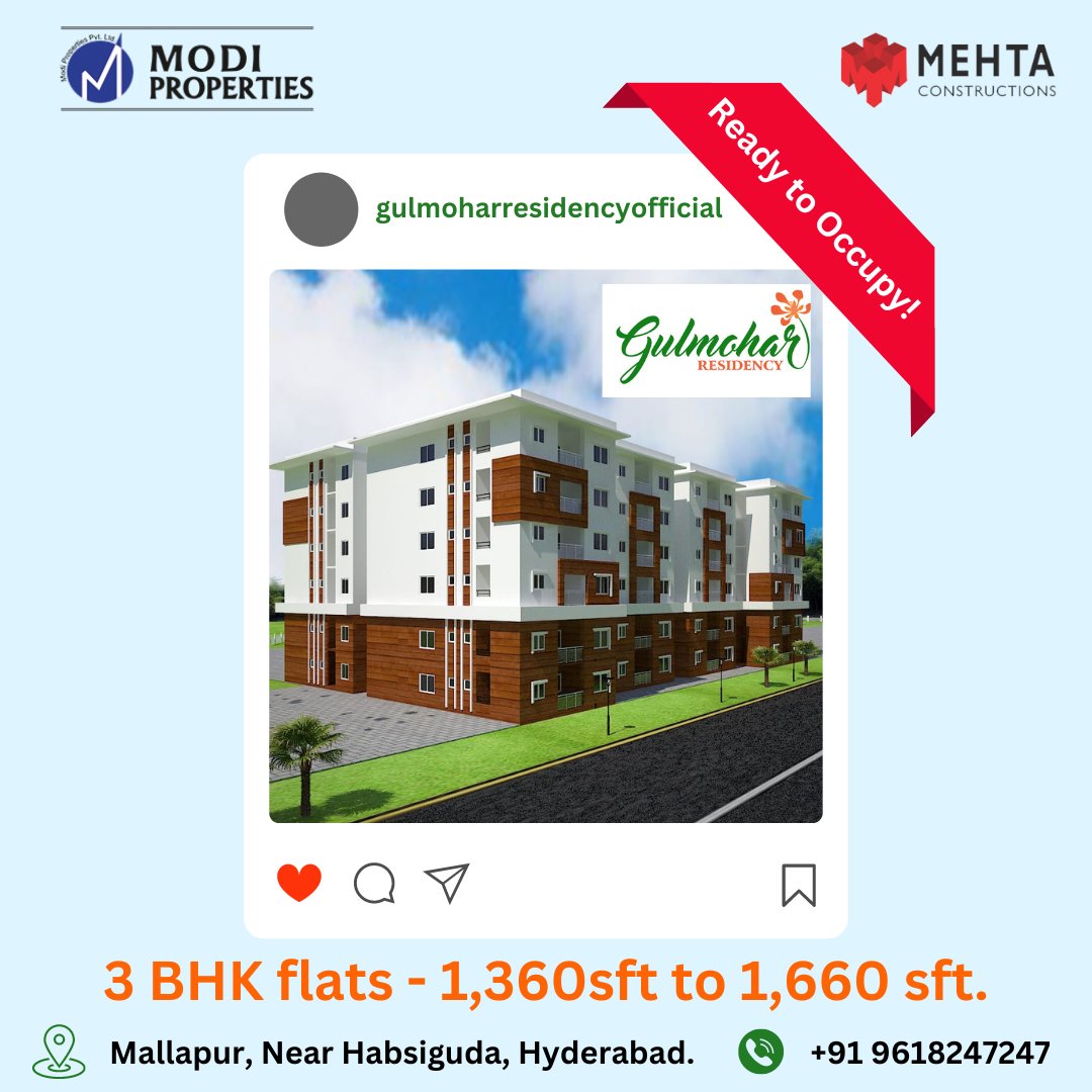 3BHK Flats for Sale in Mallapur. Ready to Occupy!
Get ready to buy your home at a great location. 📍

For more detailed information: 
📱 +91 9618247247
🌐  modiproperties.com 
📍  Mallapur, Near Habsiguda, Hyderabad. 

#modiproperties #mehtaconstructions #flatsforsale #3bhk