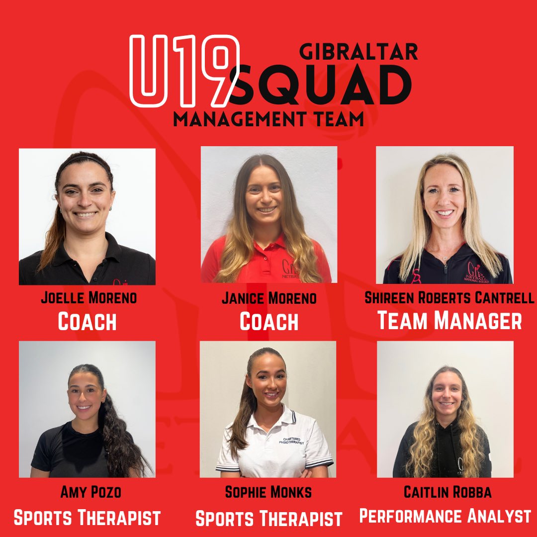 Introducing our Management Team for the Europe Netball U19 Pilot training event being held this weekend in Loughborough! 🇬🇮 The @europenetball_ event will be held in Loughborough University’s Netball Centre from the 16th-17th of December🤩 #GibNetball #U19s #StrongerTogether