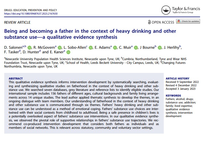 #ResearchHighlight 📚Paper in LBU repository investigates 6 key themes on fatherhood amid heavy drinking. #DryJanuary gains depth as @DomnaSalonen, @SoboAllen et al explore coping mechanisms, social contexts & the overlooked role of fathers as safe havens eprints.leedsbeckett.ac.uk/id/eprint/9305