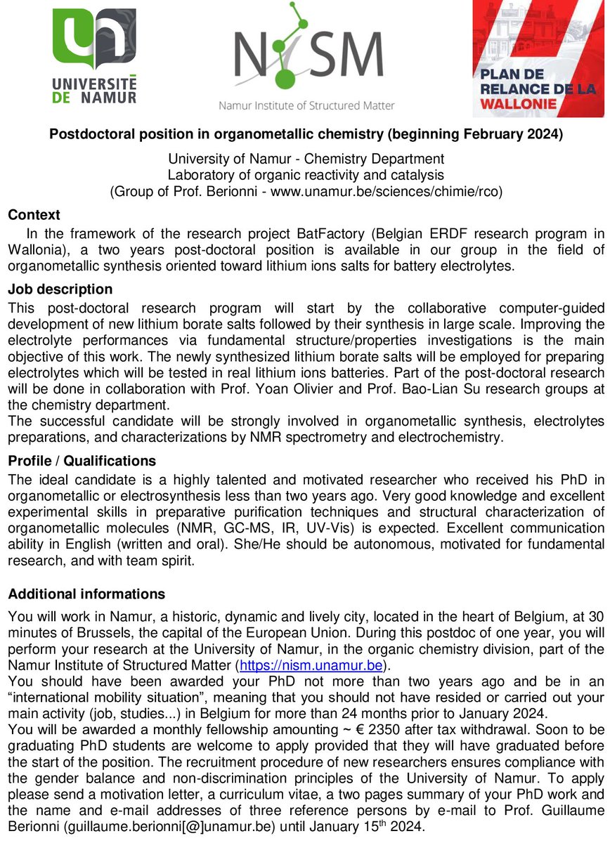 A post-doctoral position in electrosynthesis, organometallic and @Boron_Chemistry (funded by @UNamur 'BatFactory' 🇪🇺🇧🇪project) is available in the group. Applications until January 15ᵗʰ 2024 🗓️. 🔽See details below.⬇️ Please RT✔️.