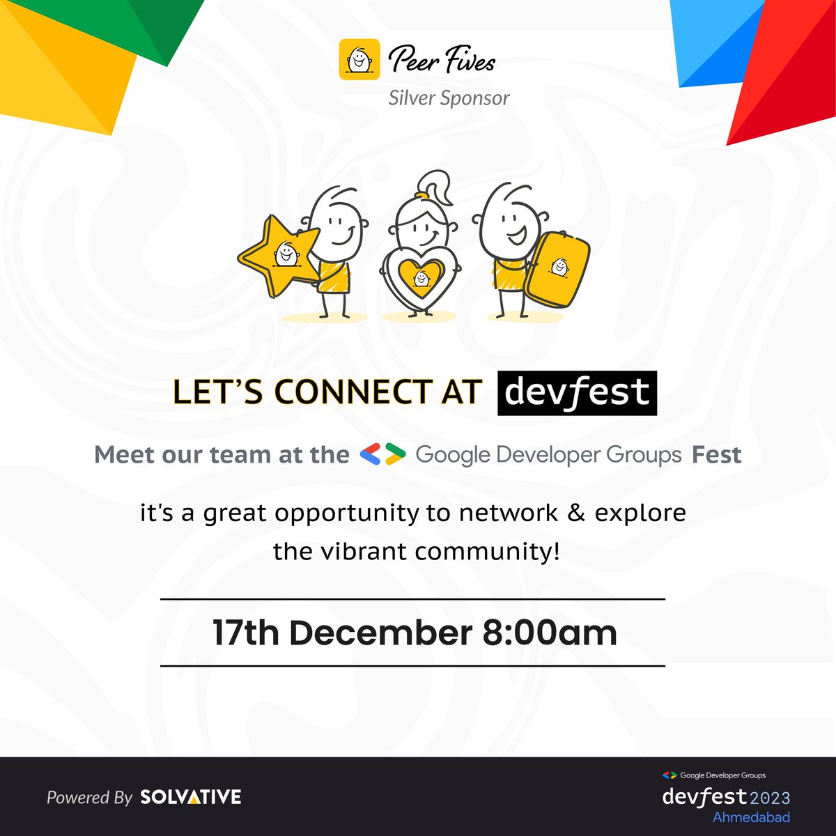 Don't miss the opportunity to meet the Peer Fives team at #devfest2023 in Ahmedabad! We're proud to be a Silver Sponsor and can't wait to connect with the Google Developer Groups community. See you there! #DevFestAhm #silversponsor #GDG #TechCommunity #DevFest2023 #Gratitude