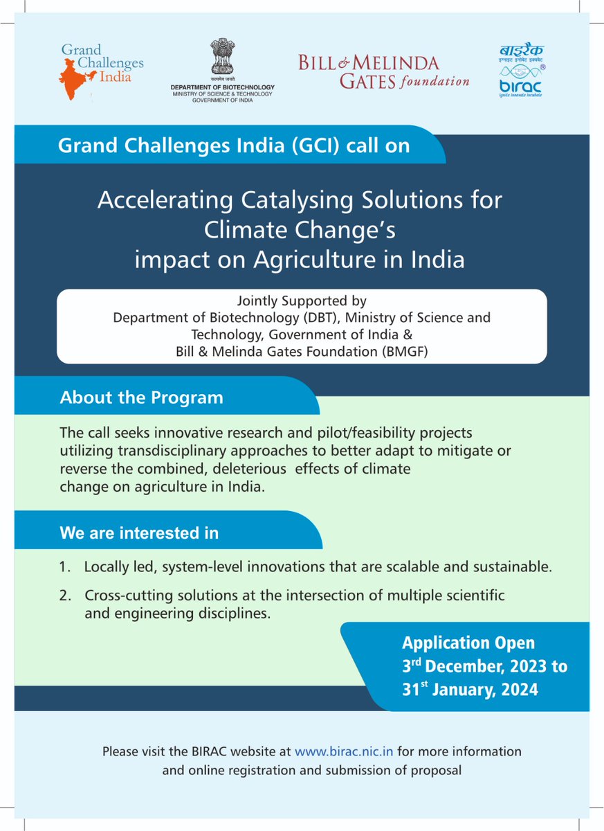 #GrandChallengesIndia announces call on ‘Accelerating and Catalyzing Solutions for Climate Change’s impact on Agriculture in India’ 🗓️Submission of proposal closes on 31st January, 2024. To apply and for detailed RFP, click here:👉birac.nic.in/desc_new.php?i…