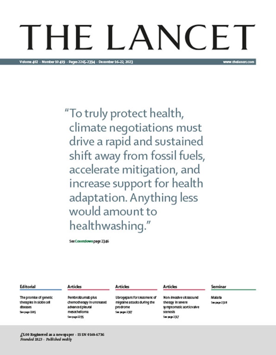 The Lancet (@thelancet) on Twitter photo As #COP28 negotiations conclude, an agreement for countries to "transition away" from fossil fuels has been made. But it is not enough.
On the cover, the 2023 <a href="/LancetCountdown/">The Lancet Countdown on Health and Climate Change</a> report underscores the urgent need for action: buff.ly/4aj1RIG As #COP28 negotiations conclude, an agreement for countries to "transition away" from fossil fuels has been made. But it is not enough.
On the cover, the 2023 <a href="/LancetCountdown/">The Lancet Countdown on Health and Climate Change</a> report underscores the urgent need for action: buff.ly/4aj1RIG
